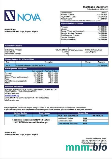 Nigeria Nova Commercial Bank wyciąg z kredytu hipotecznego szablon Word i PDF